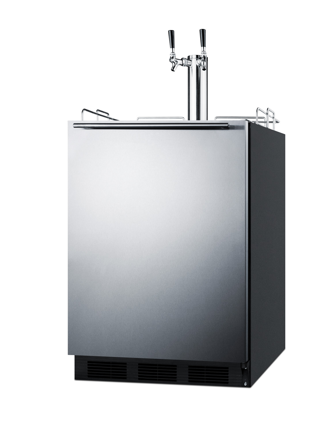 Built-in undercounter ADA height commercially listed dual tap cold brew coffee dispenser with stainless steel wrapped door and black cabinet